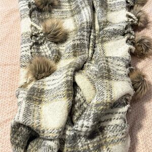 Plaid Scarf with Pom Poms